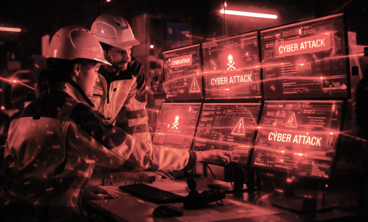 Zwei Personen stehen vor mehreren Bildschirmen, die gehackt wurden