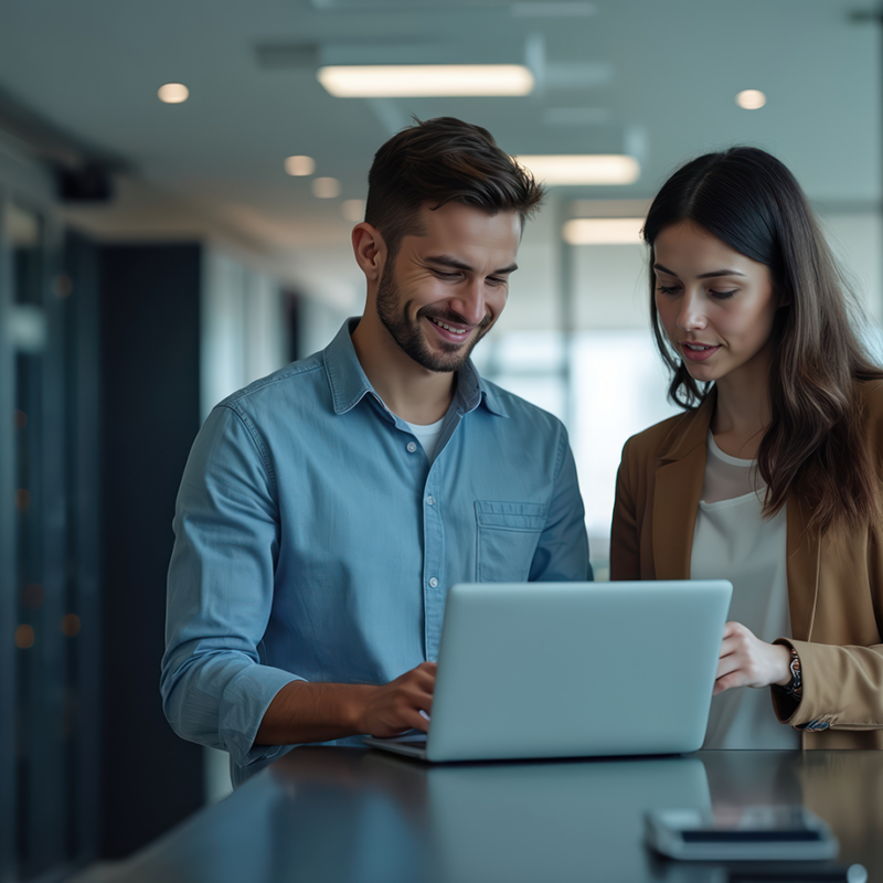 Eine Frau und ein Mann stehen in einem Serverraum an einem Notebook
