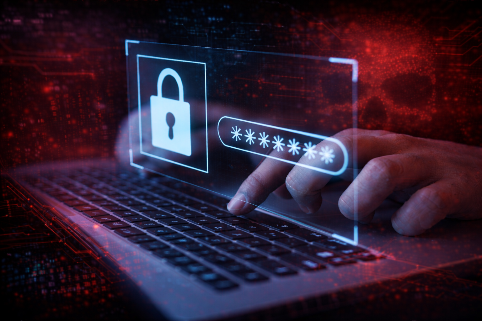 Eine Person tippt in ein Notebook und will augenscheinlich ein Passwort hacken